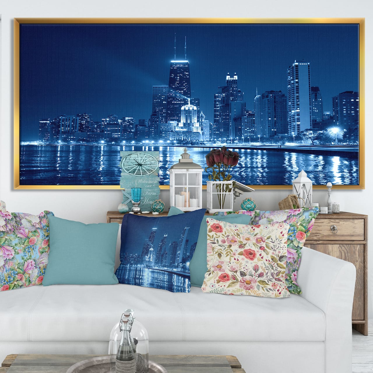 Designart - Blue Chicago Skyline Night - Cityscape Photo Framed Canvas Print